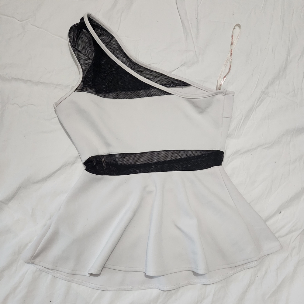G by Guess White and Black One-Shoulder Peplum Top